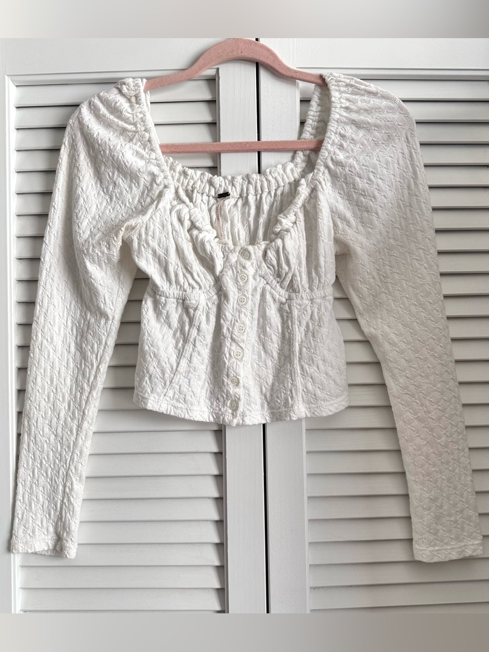 Free People White Puff-Sleeve Button Crop Top